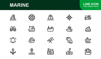 Marine Life Professional Line Icon Set Featuring Modern Minimal Vector Designs for Nautical, Ocean, and Sea Themed Projects