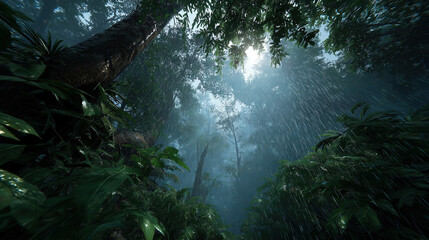 Sunlight Piercing Rainforest Canopy: Serene and Fresh Tropical Rainy Season Landscape