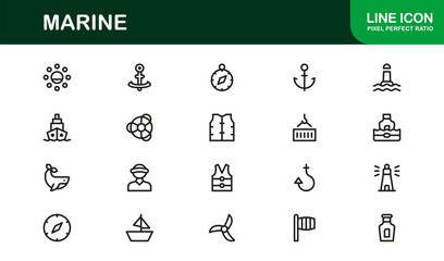 Marine Life Professional Line Icon Set Featuring Modern Minimal Vector Designs for Nautical, Ocean, and Sea Themed Projects