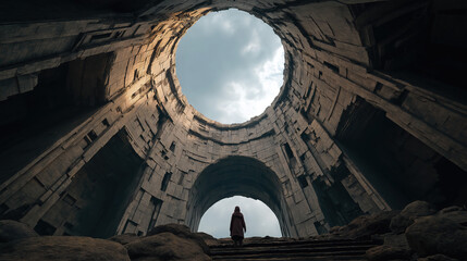 Ancient Stone Archway and Solo Walker: Mysterious Ruins Exploration from Low Angle