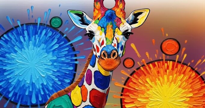 Colorful giraffe with vibrant paint splashes in the background, creating an artistic atmosphere