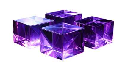 Four faceted purple crystal cubes, lit with internal refractions