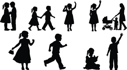 Obraz premium Children silhouettes in daily activities including walking waving running reading and family moments isolated on white background for lifestyle design