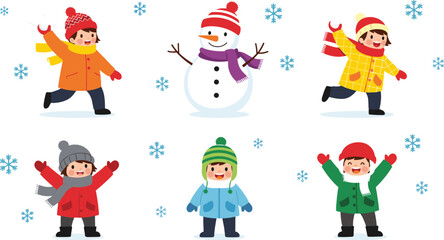 Fototapeta premium Cute winter kids illustration with snowman and snowflakes colorful cartoon characters isolated on white background for children design projects