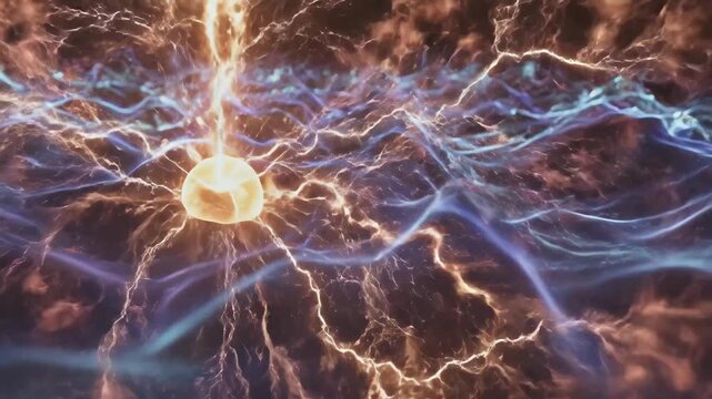 Electric Plasma Wave Visual - An abstract visualization of electric plasma wave energy, with lightning-like streaks and a bright sphere. The background features rippling dark blue and purple hues.