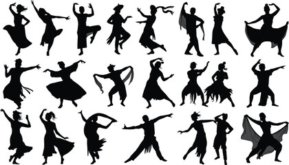 Dancing couple silhouette icons, partner dance vector set, ballroom, tango, waltz, motion, pose, black shapes, performance, elegance, rhythm, art