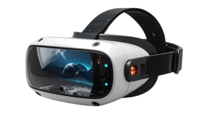 White VR headset with space scene projected onto the internal lens