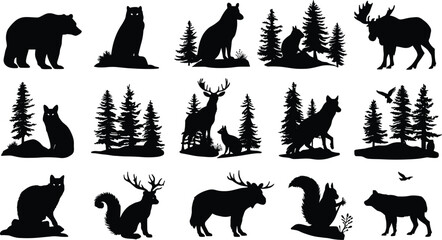 Woodland animal silhouette icons, forest wildlife vector set, bear, deer, fox, owl, moose, squirrel, trees, nature, black shapes, outdoor © Masuduzzaman