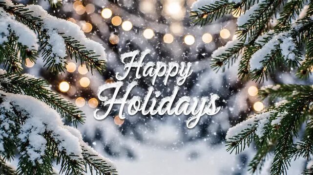Snow covered pine trees with illuminated string lights and holiday greeting