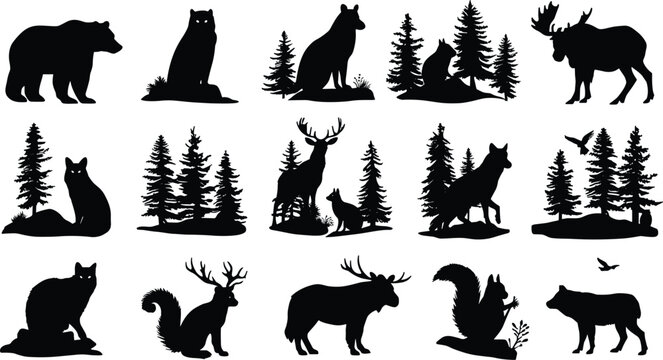 Woodland animal silhouette icons, forest wildlife vector set, bear, deer, fox, owl, moose, squirrel, trees, nature, black shapes, outdoor