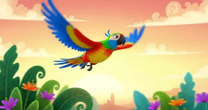 Colorful parrot flying over vibrant flowers and lush greenery during a sunset