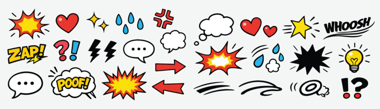 A vibrant collection of hand-drawn comic book elements and doodle speech bubbles