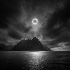 Dramatic solar eclipse over a dark, mountainous coastline