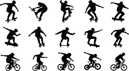 Obraz premium Skateboarding and BMX silhouette vector set, extreme sports icons, stunt riders, action poses, urban freestyle clipart, athletic trick graphic pack