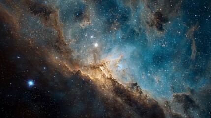 A breathtaking depiction of a celestial nebula, featuring swirling clouds of cosmic dust and gas, with vibrant hues of blue and gold