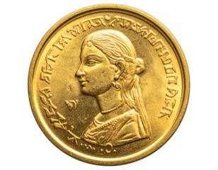 Gold coin with a woman's profile, elegant clothing, and ornate script