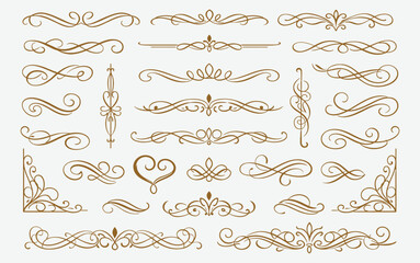 Elegant gold swirling ornamental design elements set