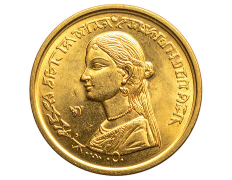 Gold coin with a woman's profile, elegant clothing, and ornate script