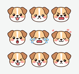 A collection of cute cartoon dog faces showcasing a range of emotional expressions