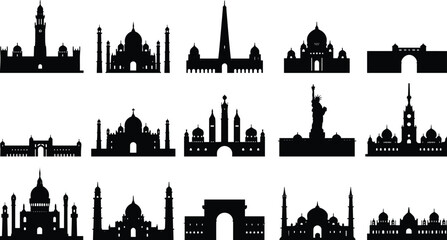 Obraz premium World landmark silhouette collection, famous architectural icons vector set, black monument shapes for design, global travel symbols, cultural heritage illustration