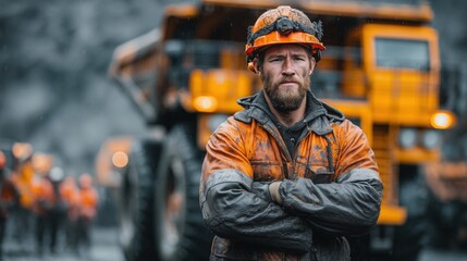 Fototapeta premium Strong Construction Worker in Orange Gear Posing with Heavy Machinery in Rainy Environment