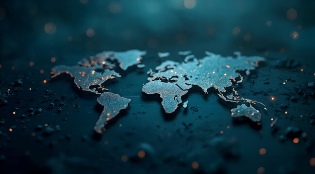 Digital glowing world map with bokeh lights, global network and technology concept in dark blue - Powered by Adobe