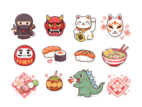 Adorable collection of traditional japanese cultural icons and delicious food items in cartoon style