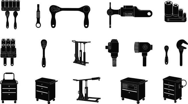 Workshop tool silhouette vector set, garage equipment icons, paintbrushes, wrenches, drills, cabinets, black illustration, DIY tools, mechanical repair elements