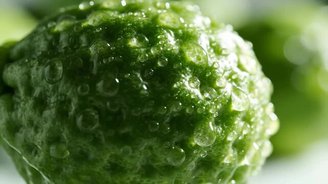 Fresh Green Bergamot Citrus with Water Droplets - A vibrant green bergamot fruit is showcased in a macro closeup, highlighting its detailed texture and fresh appearance.