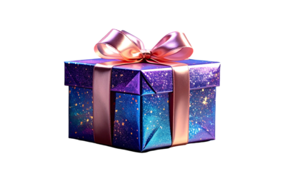 A wrapped gift box with a cosmic design and a rose-gold ribbon
