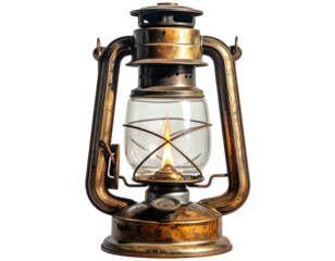 Close-up of a vintage brass lantern, lit, against a dark background