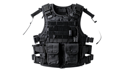 Black tactical vest with pouches, straps, and molle webbing