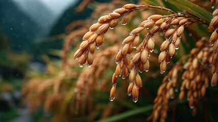 Fototapeta premium Dewy Rice Berries Hanging on Plant After Rain in Lush Agricultural Field
