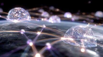 Futuristic Networking Visualization with Light Connections and Transparent Domes Over Earth in Cosmic Space Environment