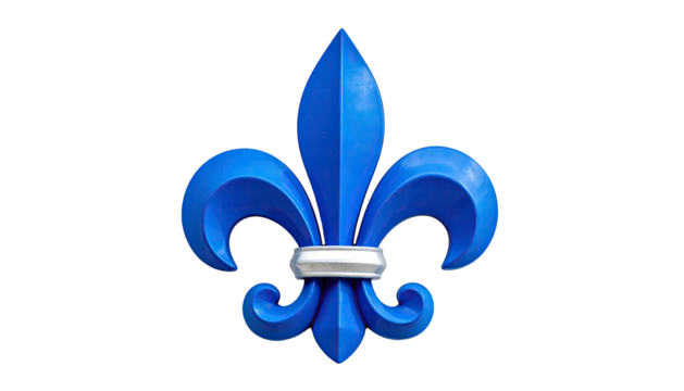 Isolated royal blue fleur-de-lis with a silver band against a black backdrop - Powered by Adobe