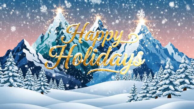 Snowy mountain peaks illustration with falling snow and evergreen trees