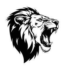 Lion Head Silhouette Roaring Profile Black Vector Wild Animal Icon on White Background