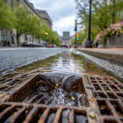 Close-up of city street gutter overflowing with rainwater