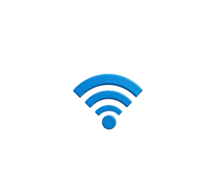 Blue, radiating signal icon on a stark, black background