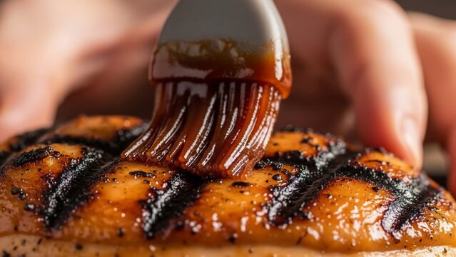 Close-up of a chef basting a grilled chicken breast with a savory sauce.
