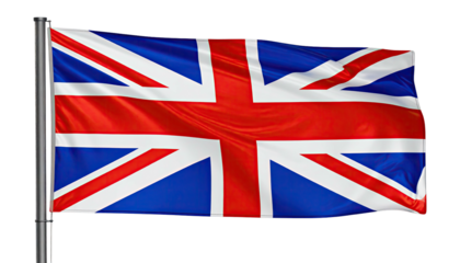 A waving flag with red, white, and blue diagonal stripes on a pole