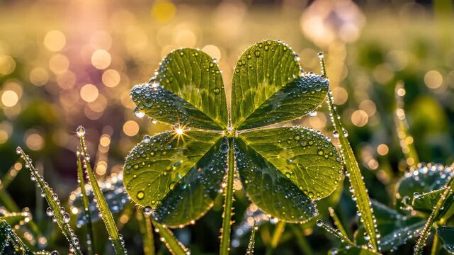 Four-Leaf Clover in Golden Hour - A close-up captures a vibrant four-leaf clover, drenched in dew and illuminated by the warm golden sunlight.