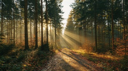 Fototapeta premium Morning sunbeams through forest path leafy woodland natural landscape tranquil outdoor background 