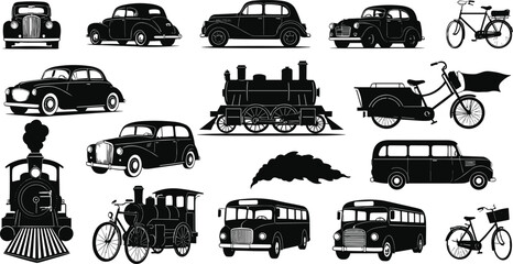 Obraz premium Vintage transportation silhouettes, classic cars, bicycles, motorcycles, trains, buses, black vector icons for travel, mobility, retro design, history, vehicle collection