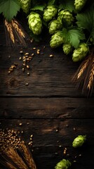 Fresh Ingredients for Brewing Craft Beer with Hops, Barley, and Wheat on Rustic Wooden Background