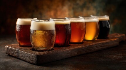 Arrange of beer glasses with different colors and textures on wooden board in dim light setting