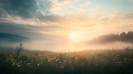 A misty sunrise over a field of wildflowers, with the sun shining through the clouds.