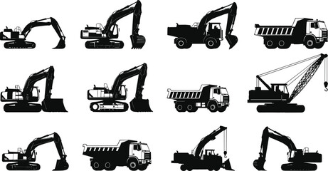 Construction vehicle silhouettes, excavators, dump trucks, cranes, black vector icons for heavy machinery, building equipment, industrial transport, engineering, site work, tools © Masuduzzaman