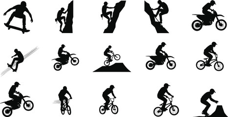 Obraz premium Extreme sports silhouettes, skateboarding, BMX, motocross, snowboarding, rock climbing, black vector icons for adventure, outdoor activity, fitness, action, sport design