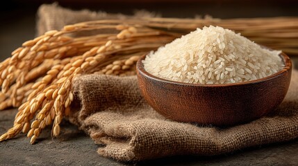 Freshly Harvested Rice Grains in a Wooden Bowl Surrounded by Wheat and Burlap Fabric